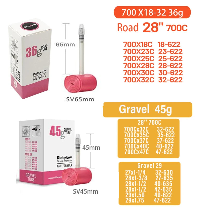 Ridenow TPU Bike Inner Tube 700C X18 23 25 28 32 35 37 40C MTB Gravel Ultralight Bicycle Tire 26 /27.5 /29 Inch with Patch Kit