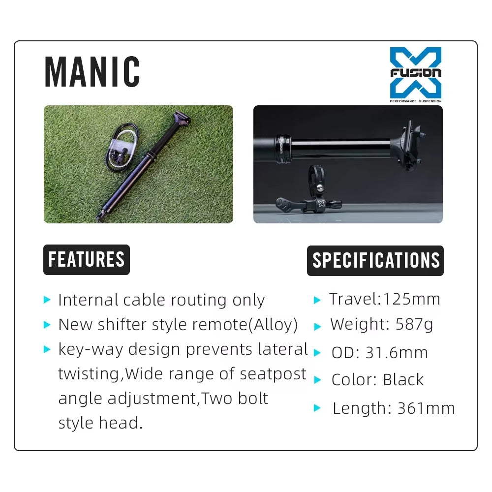 New X-Fusion Manic MTB Dropper Seatpost 31.6MM 361MM 125Mm Internel Cable Dropper Seat Post for Mountain Bike Gravel Parts
