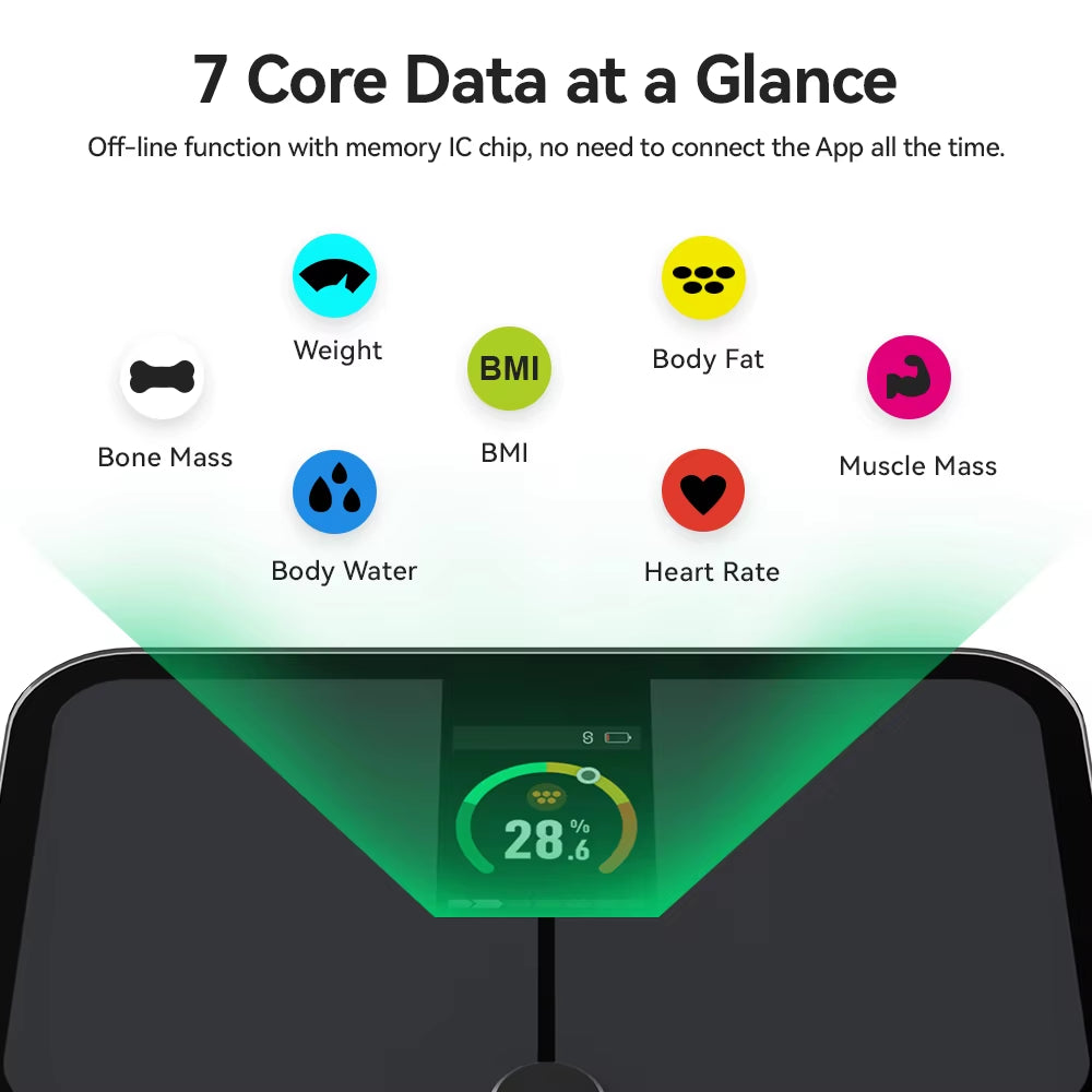 Digital Body Fat Scales, Human Body Scale, Smart TFT Color Screen, Heart Rate, Precise and Professional Smart Body Weight Scale